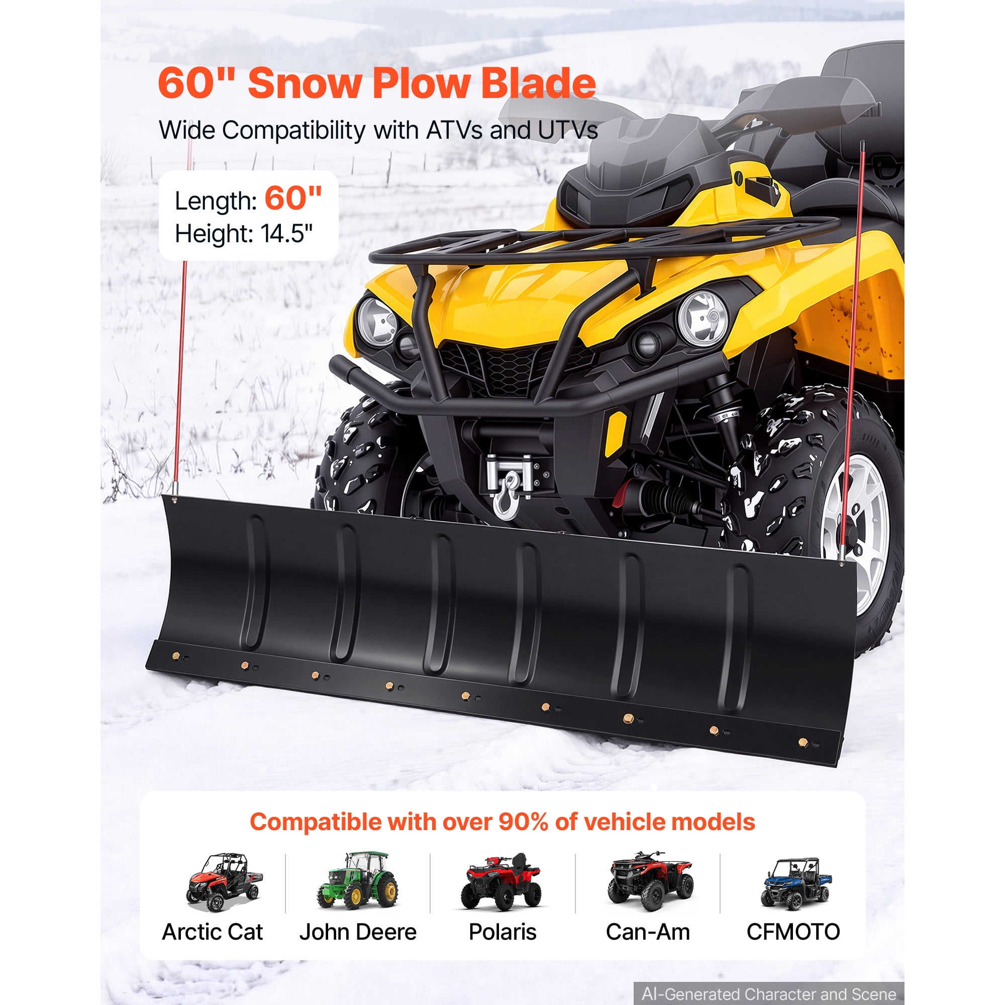 KFFKFF 60-Inch Snow Plow Kit with Universal Attachment, Adjustable Height and Angles, Quick Detach System, Durable Steel Blade for Efficient Snow Removal on ATVs and UTVs