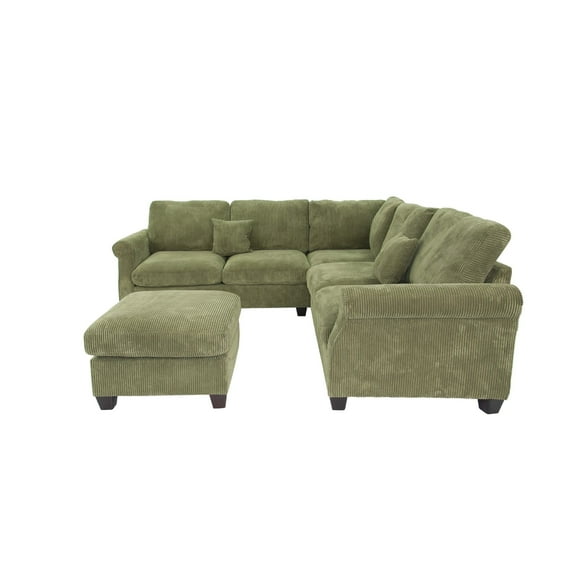 Fero 4pc L Sectional Sofa, Wedge n Ottoman Set, Green Corduroy