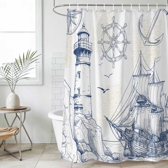 Nautical Ship Lighthouse Waterproof Fabric Shower Curtain,Ocean Anchor Rudder Lines Art Waterproof Fabric Shower Curtain for Bathroom Curtains Bathtubs Shower Curtains with 12 Hooks Extra Long 72x96