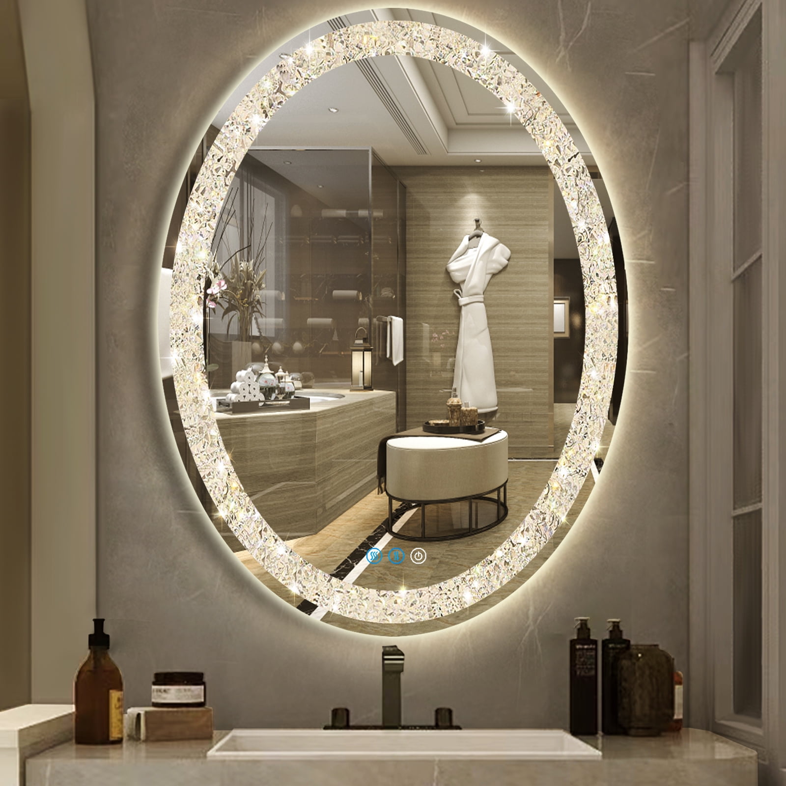 Crystal Oval Vanity 24 x 32 inch Mirror with Led Light 3 Color Crystal Oval Lighted Mirror for Bathroom Wall decorative mirrors for wall decor Dimmable AntiFog Crushed Diamond Home Decor 32 Crystal S