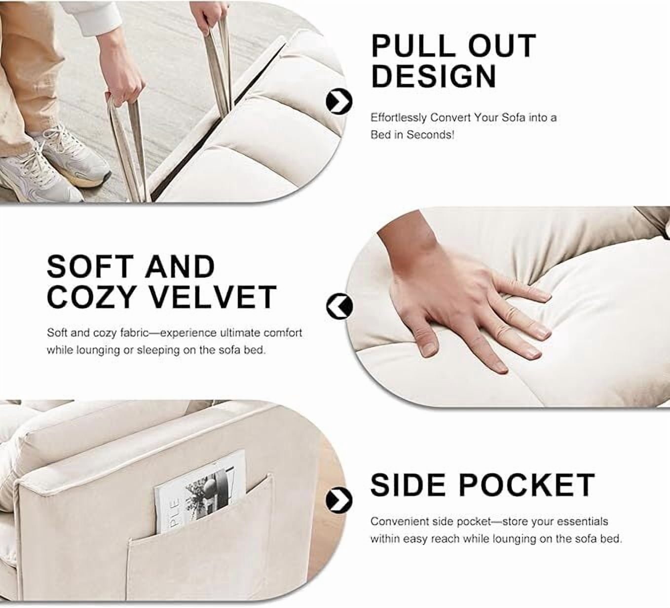 ShiKeyi 3 in 1 Convertible Sleeper Futon Sofa Bed, 55" Pull Out Sofa Bed with Storage Pocket/Side Pocket/2 Pillows for Living Room, Beige