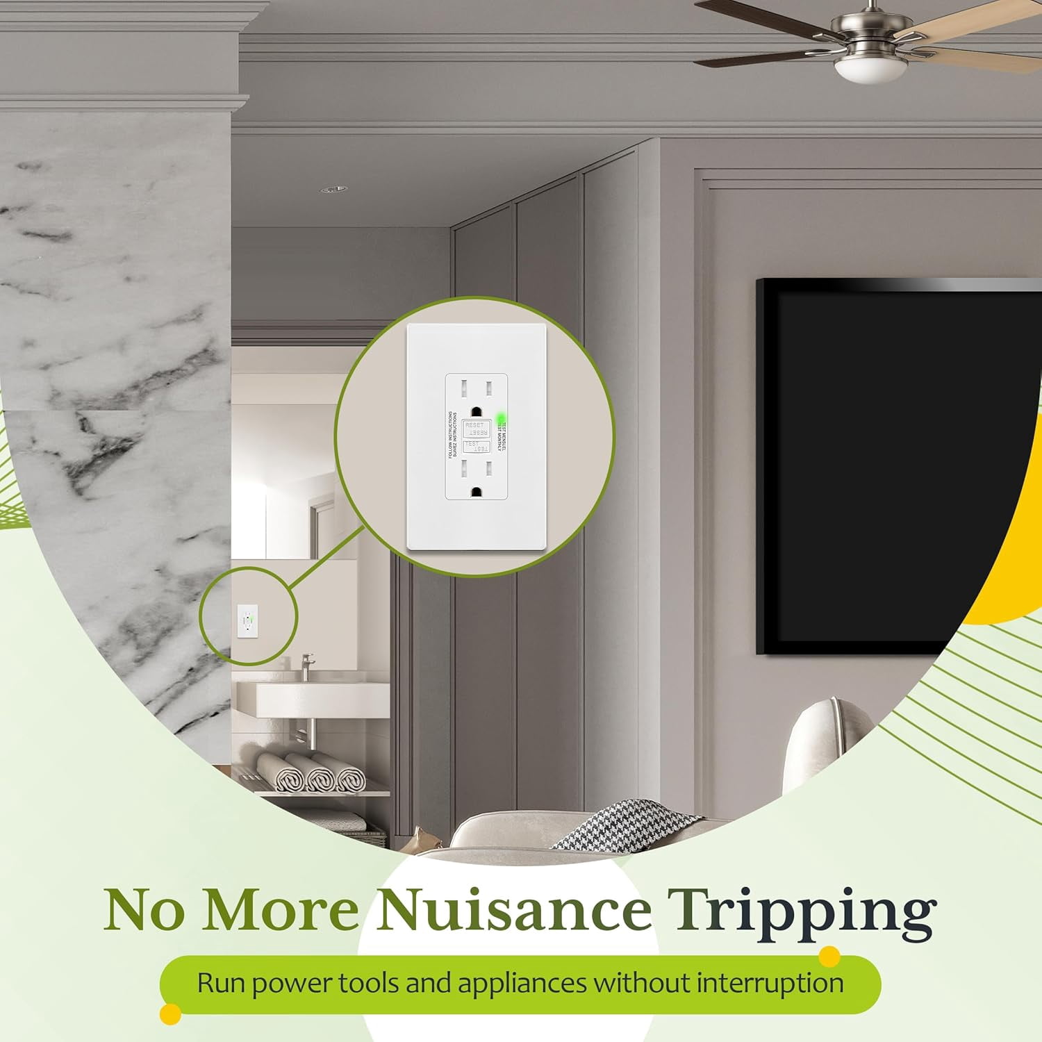 TG 15A GFCI Outlet, Tamper-Resistant GFI Receptacle with Self-Test, LED Indicator, ETL Listed, Anti-Interference (No-False-Trip) Protection, Screwless Wall Plate Included, White, 2 Pack