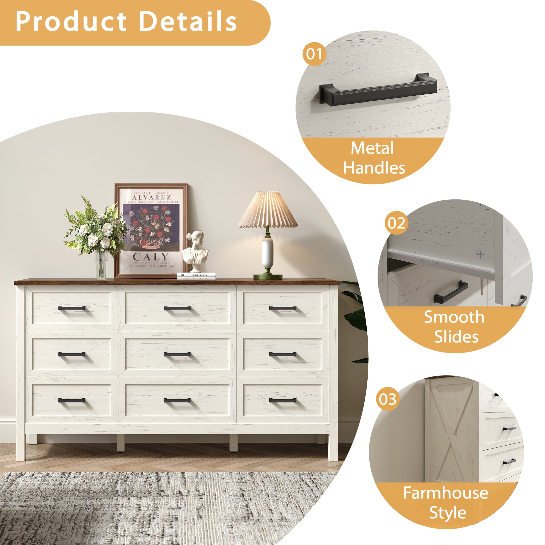 YouTrend 9 Drawer Farmhouse Dresser,Wood Adult Rustic Chest of Drawer with Metal Handles for Bedroom Living Room Hallway,Burlywood & White