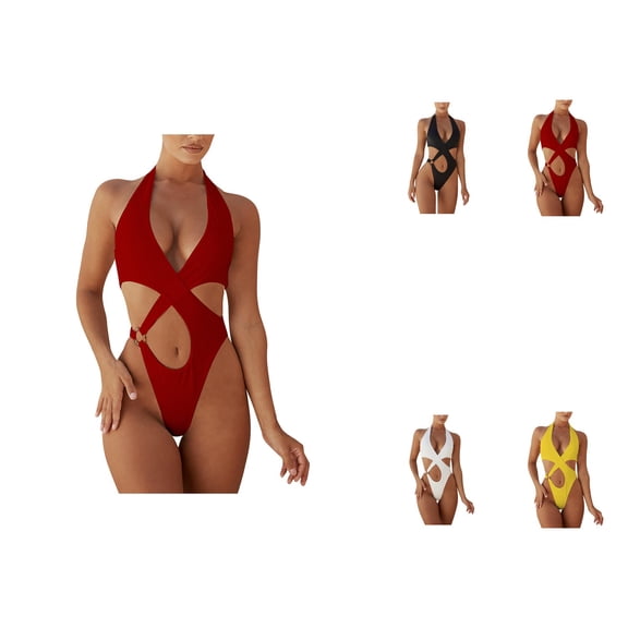 Womens Plus Size One-Piece Swimsuit with Tummy Control, Front Cross High Waisted Hollow Bathing Suit
