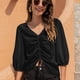 thumbnail image 4 of Camisa de gasa con manga de siete puntos y cordón de moda informal con cuello en V para mujer (negro), 4 of 5