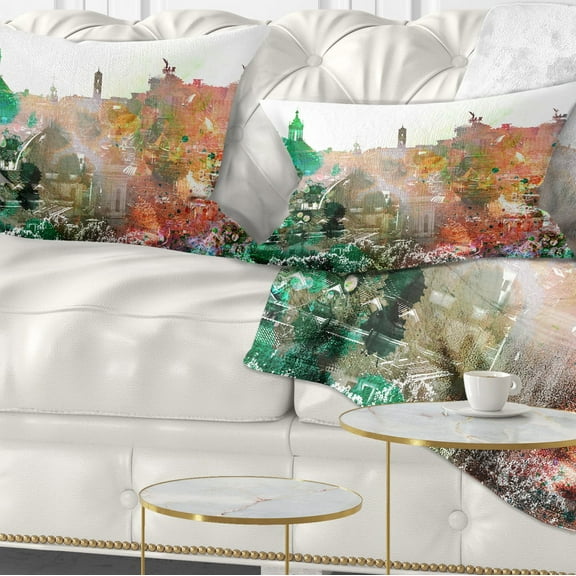 Designart Colorful City Watercolor - Landscape Printed Throw Pillow - 12x20