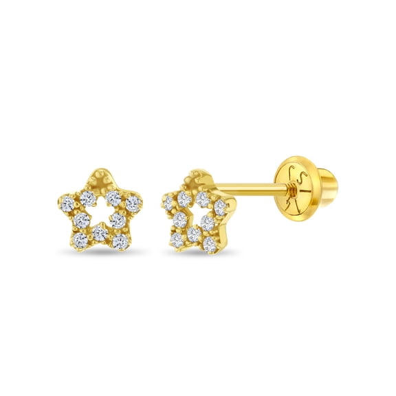 14k Gold CZ Encrusted Star Clear Baby / Kids Earrings Safety Screw Back