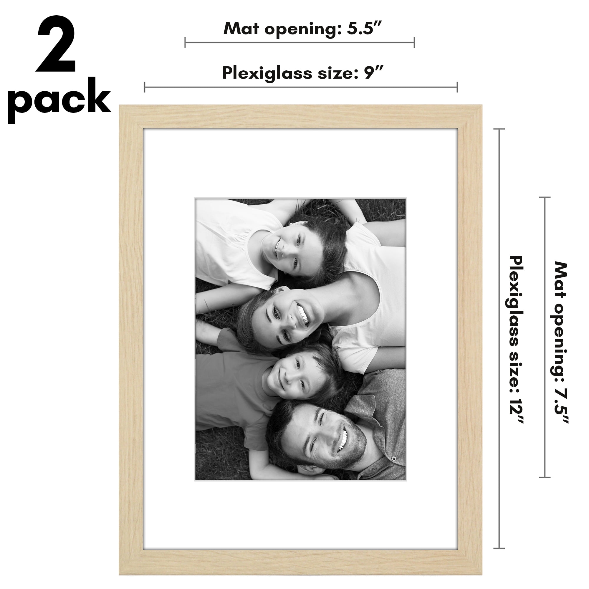 Americanflat 9x12 Picture Frame with Polished Plexiglass with 6x8 Mat 2 Pack Display Photo Wall - Natural Oak