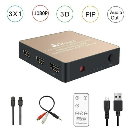 dinger 3x1 hdmi switch with audio extractor converter analog optical toslink spdif output support 4k 3d 1080p pip, include ir remote, optical cable and 3.5mm male to 2 rca female stereo audio