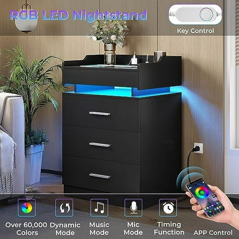 Set of 2 LED Nightstand with Charging Station&LED Lights & 2 Drawers,  Modern Night Stand Bedside Table with Pull-Out Tray for Bedroom Living  Room, Black 