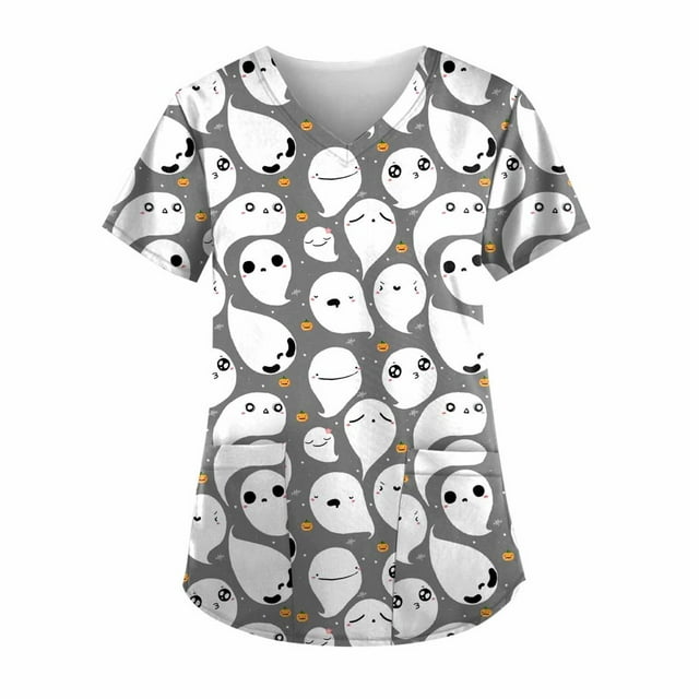 Haut de Sarrau pour Femmes Décontracté à Col en V, Blouse Imprimée, T-Shirt à Manches Courtes, Poches, Hauts de Sarrau en Liquidation