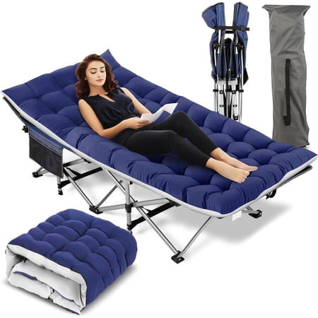 Veeboto 900lbs Folding Camping Cot with Upgrade Mattress & Carry Bag & Side Pockets, Heavy-Duty Folding Bed for Adults, Portable Folding Bed for Home, Camping&Office, Blue