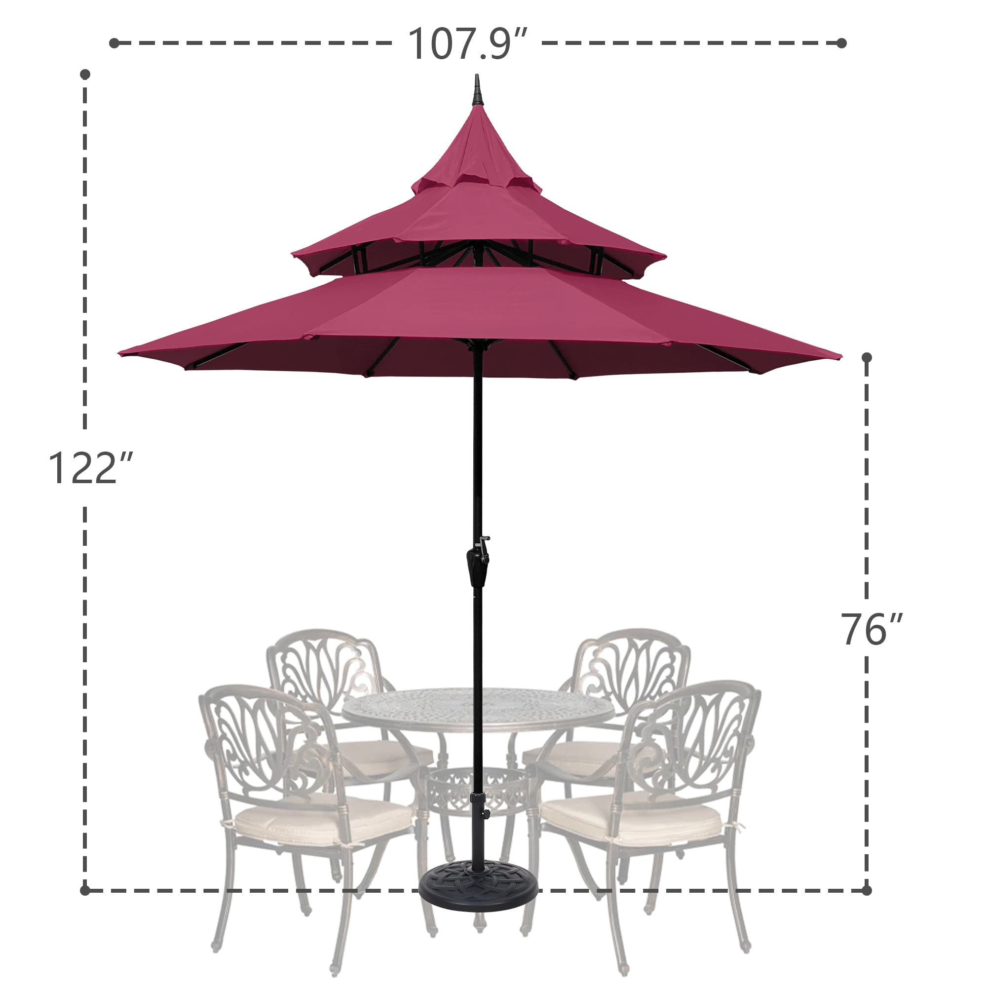 Abble 9ft Patio Umbrella with Crank 3-Tier Pagoda Outdoor Market Umbrella with 8 Ribs for Garden Deck Backyard Pool, Burgundy