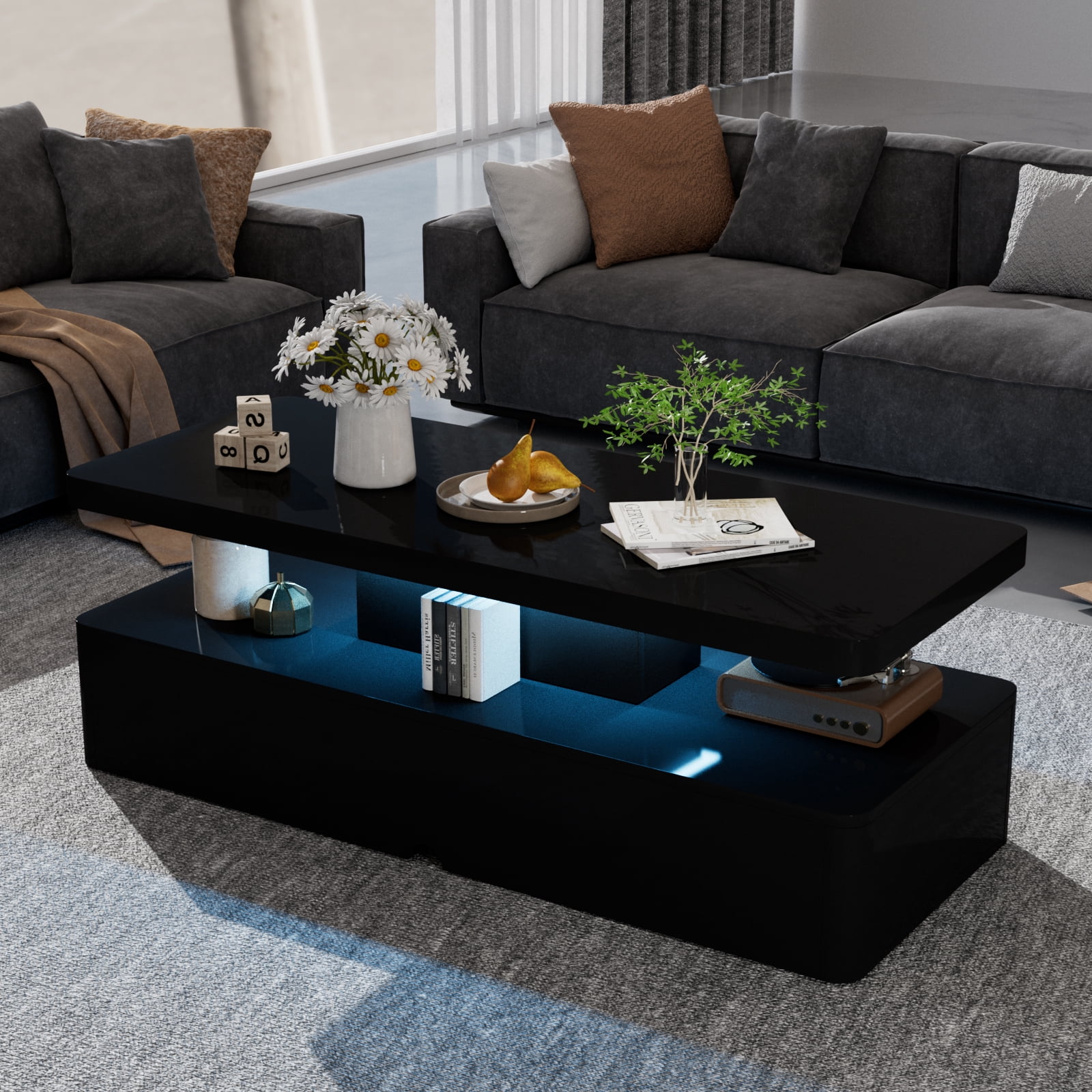 Easoger Modern Stylish Coffee Table with 16 Colors LED Lights, Double-Layer Design for Living Room, Black High Gloss Acrylic