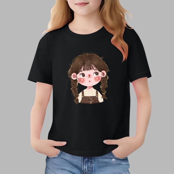 HOMADLES Girls Short Sleeve T Shirts, Crewneck Lightweight Loose Fit Short Sleeve Shirt Summer Stretch Tops Plus Size Work Shirt Black 3-4 T