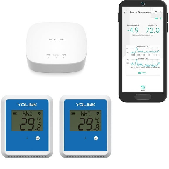 YoLink 2-Pack X3 version Temperature Humidity data logger, longest wireless range, 5  Years Battery, Emails/Text/App Alerts, Alexa, best Freezer, Greenhouse monitor. Hub Included