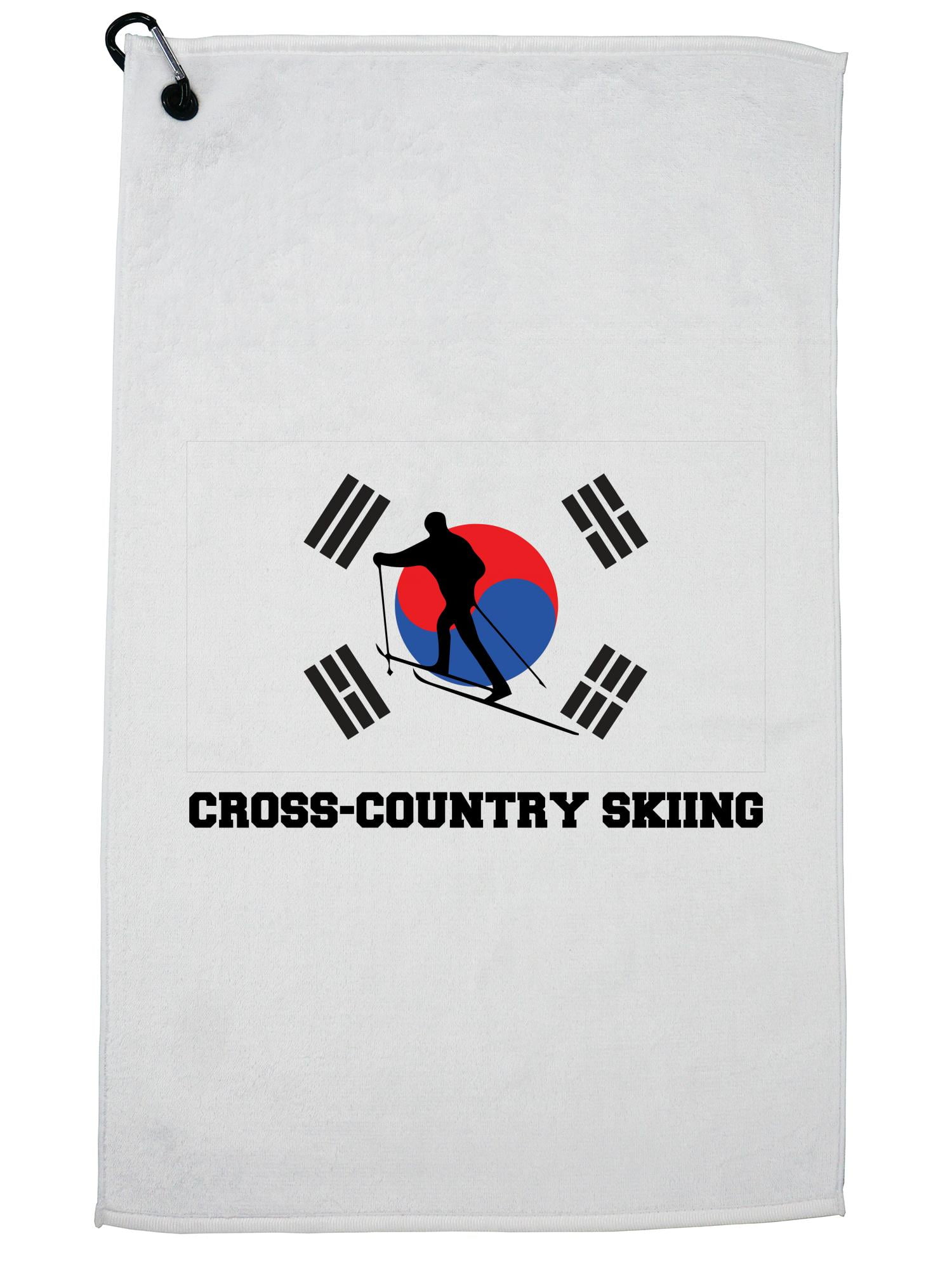 South Korea Olympic Cross-Country Skiing Flag Silhouette Golf Towel with Carabiner Clip by Hollywood Thread