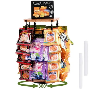 1 Pack Chip Display Rack, 5 Tiers Display Rack with Message Board, 360° Rotating Snack Organizer