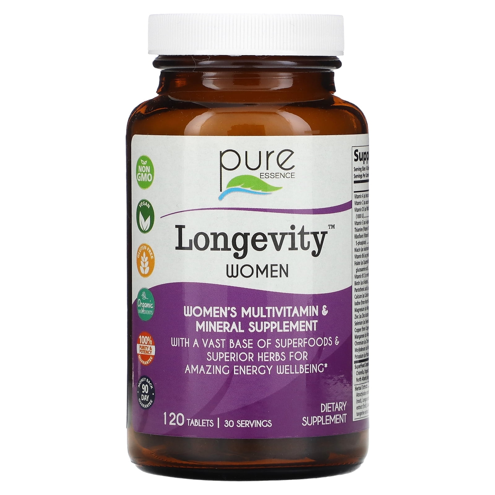 Pure Essence Labs - Longevity Women, Complete Women's Multivitamin for Healthy Aging, Energy, Vitality & Hormone Balance - 120 Tablets