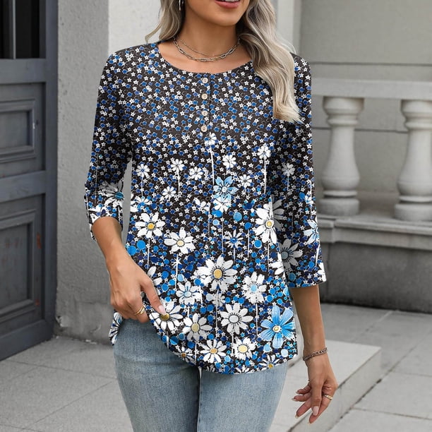 TaTaai Loose Printed T-Shirt Lightweight Comfortable Women's Fashion Casual Button Round Neck 3/4 Sleeve All Season Daily Versatile Blouse Gift