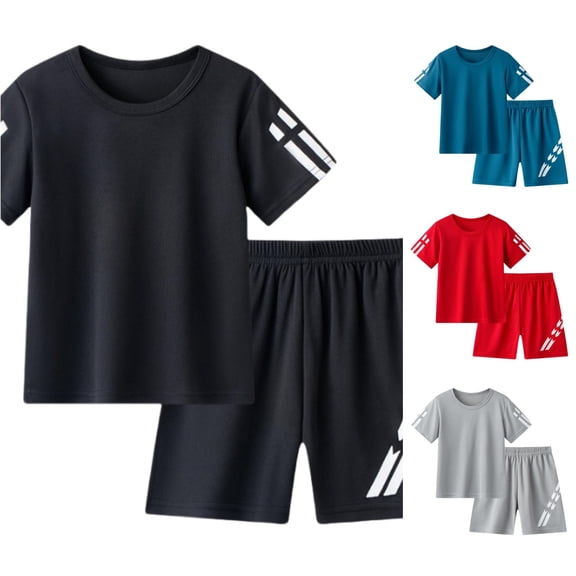 HCYSFG Boys Athletic Stripe Outfit Sets 2 Piece Short Sleeve Crewneck Clothing Sets T Shirt And Shorts Elastic Waist Matching Sets