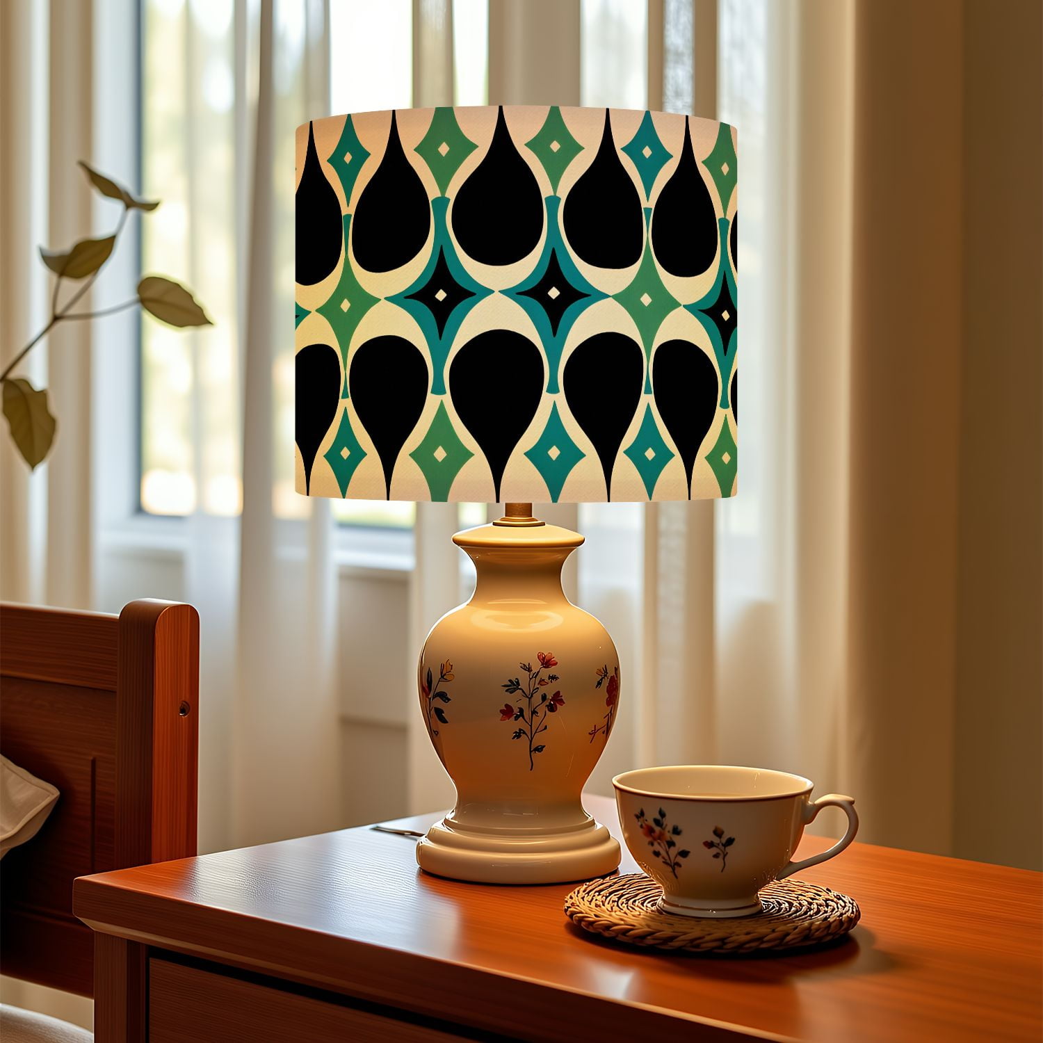 Linen Drum Lampshades Atomic Starburst Mid century Modern Green Black Blue Tear Shapes 13"x13"x10" Light Shade for Table Lamps Drum Lamp Shades Lampshade Replacement Assembly Required