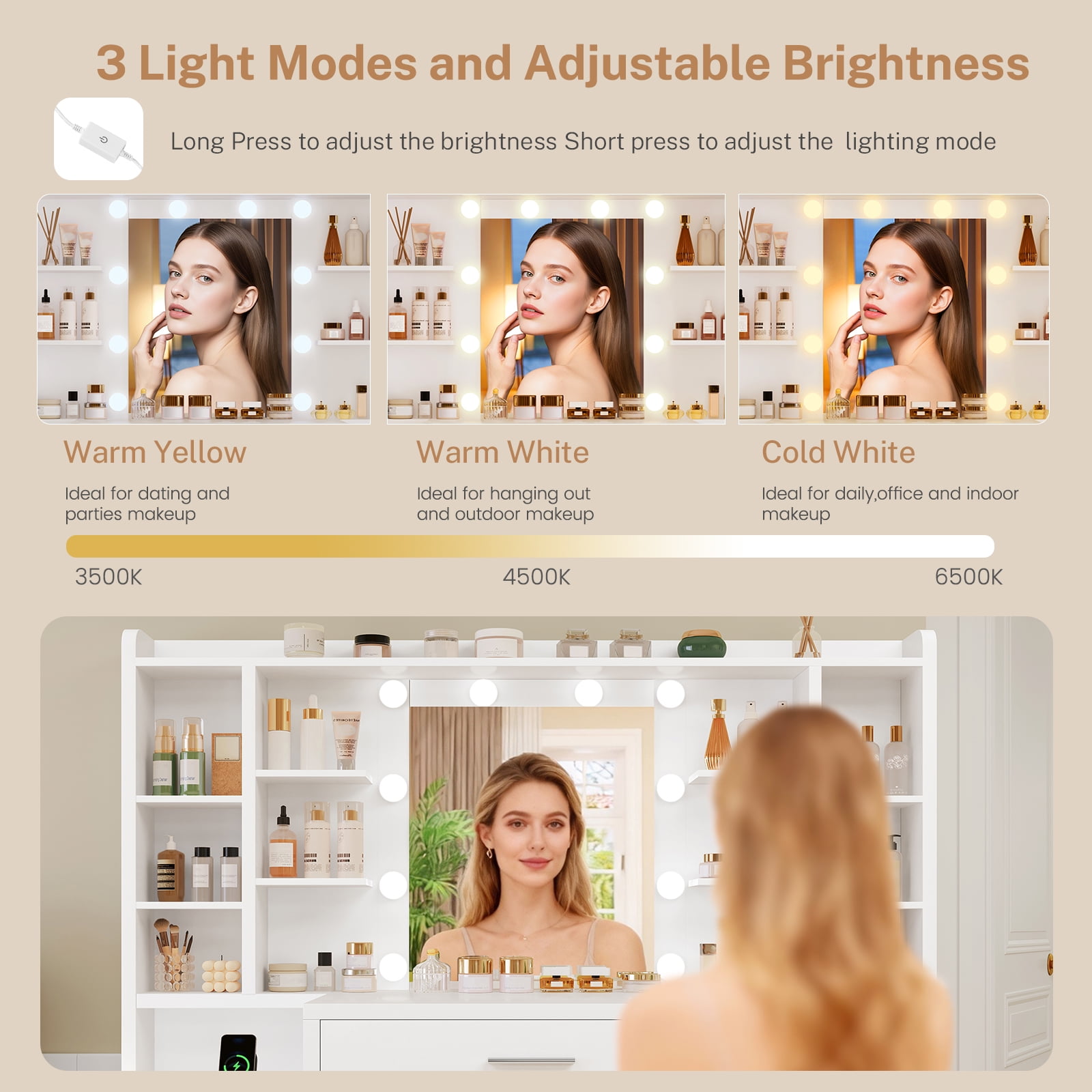 TEENFON 47.2”Vanity Set with Mirror & Lights, Makeup Vanity Desk with 7 Drawers and 8 storage shelves, Vanity Table with Power Outlet, For Bedroom, White