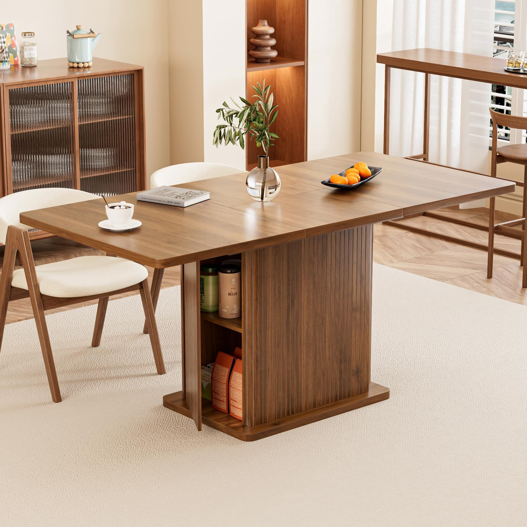 Extendable Black Dining Table 47-65", Seats 4-6, Fluted Wood Kitchen Table with Storage, Mid Century Modern, Walnut