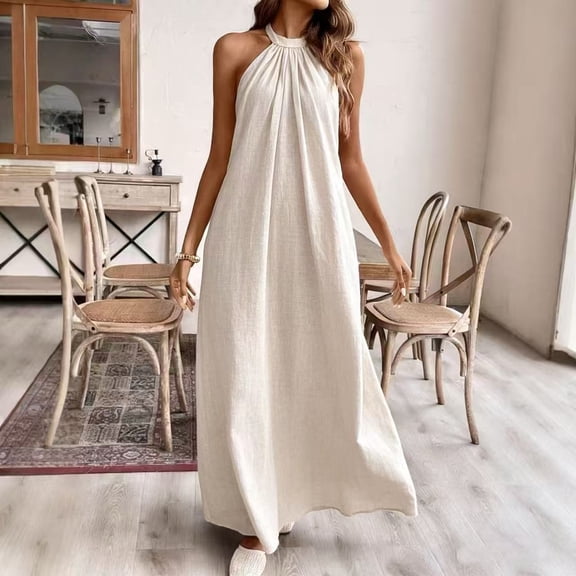 ClodeEU Women's Backless Halter Neck Sleeveless Maxi Dress ,Casual Loose Fit Beach Vacation Dress Beige,Women's Plus L