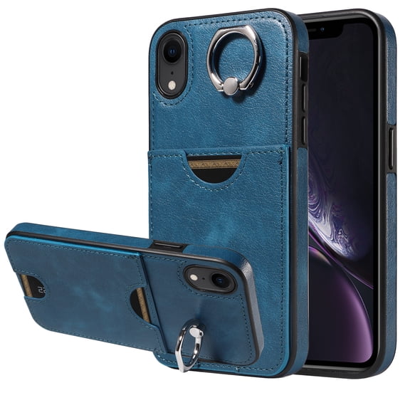 Classic Wallet Case Compatible with iPhone XR for Men Women, with 360° Rotation Finger Ring Kickstand PU Leather Shockproof Phone Cover with Card Slot for iPhone XR, Blue