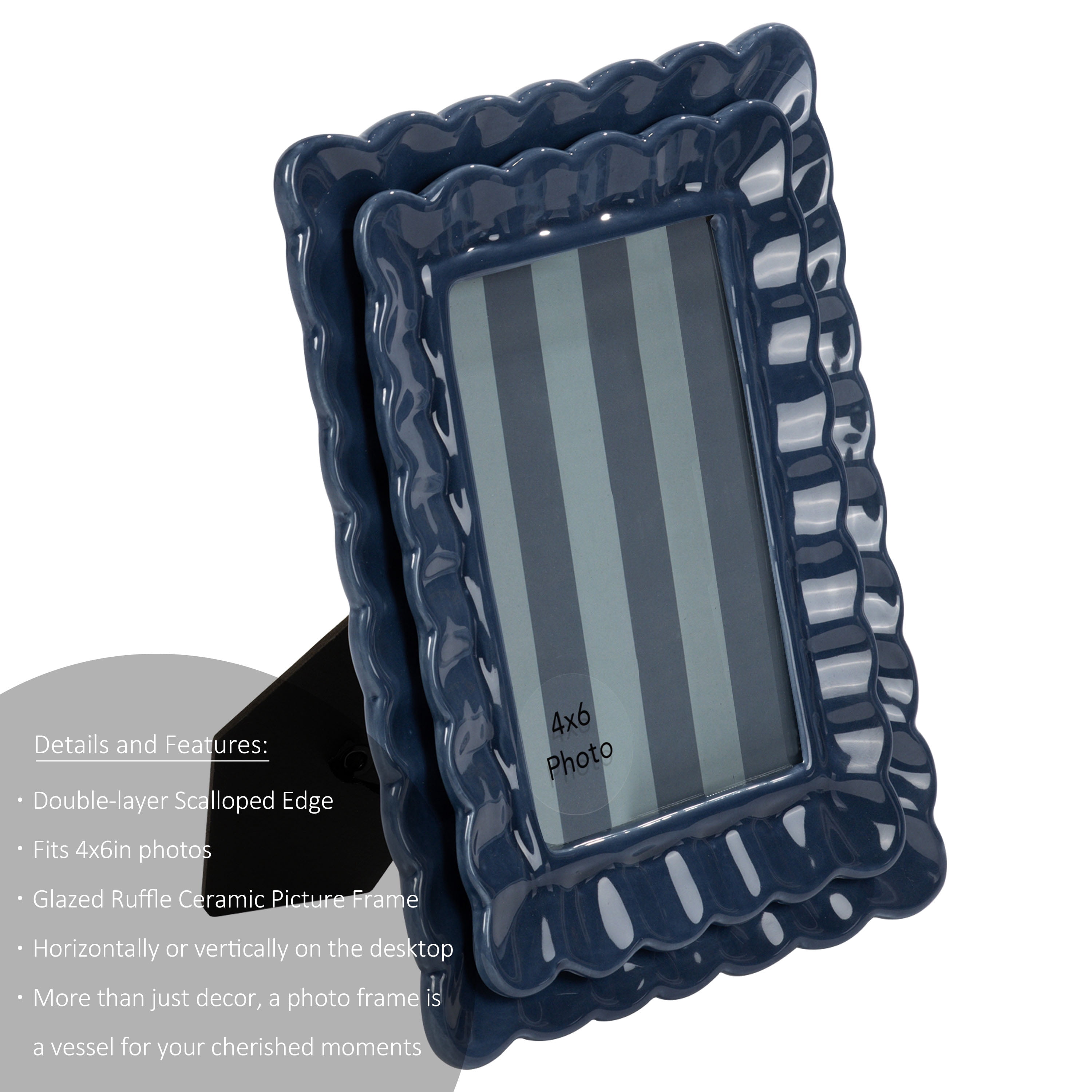 Sterling & Noble Home – 4x6 Picture Frame – Double Ruffle Dark Blue Ceramic Photo Frame