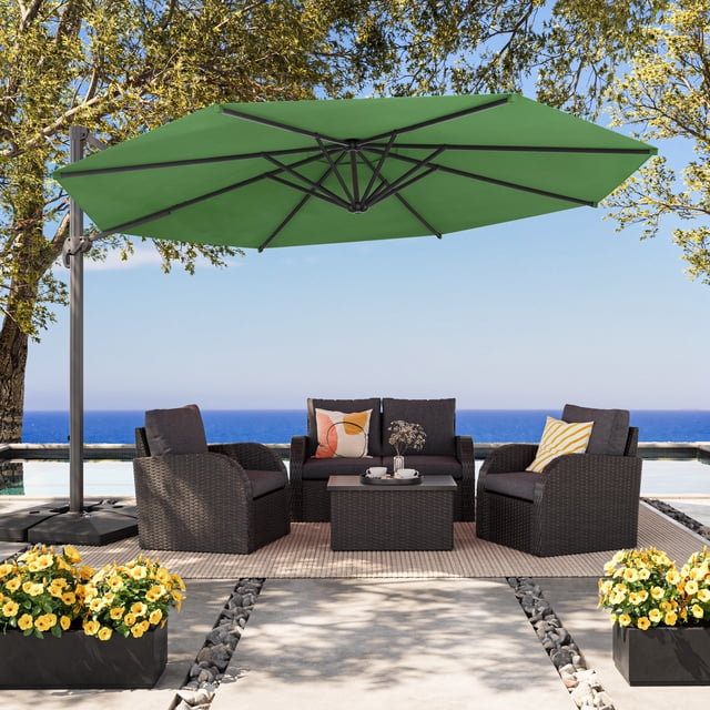 CorLiving 11.5ft Deluxe Tilting and Rotating Offset Patio Umbrella with Aluminum Frame and Durable Canopy, Forest Green