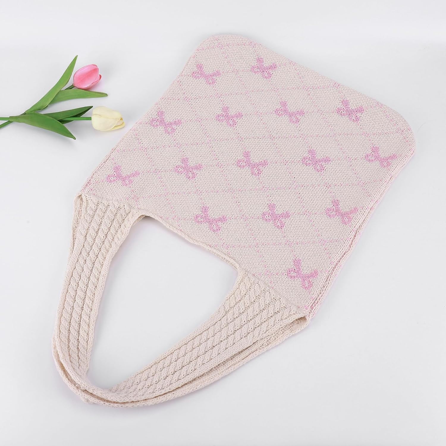 NANAHuang Crochet Tote Bag Y2k Bow Purse for Women Coquette Aesthetic Hobo Bag Cute Shoulder Handbag Knitted Tote Bow Printed Bag