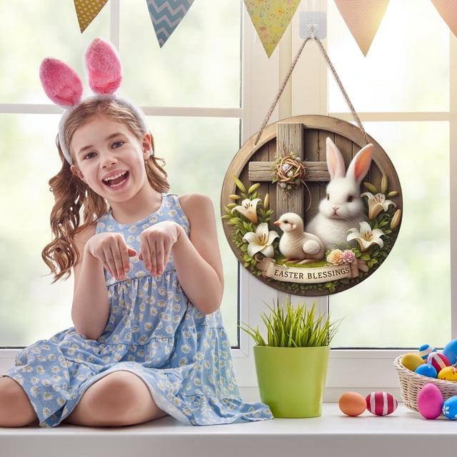 weibbin Wooden Easter Decoration Door Wreath for Front Door Sign Wall Signs Rabbit Spring Decoration, Flower Egg Welcome Hanging for Home Wall Decor Party Outdoor indoor Supply