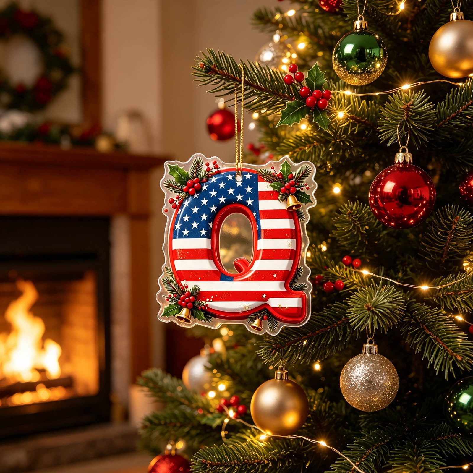 Personalized Patriotic Christmas Alphabet Ornaments Acrylic Custom Letter Hanging Decor Independence Day Design for Xmas Tree Wreath Garland Party Decor and Gift‑Making Letter - Q