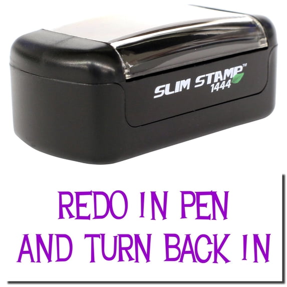Slim Pre-Inked Redo In Pencil And Turn Back Stamp, Slim 1444, Ultra Slim Design, Impression Size 1/2" by 1-3/4", Up to 25,000 Impressions - Purple Ink