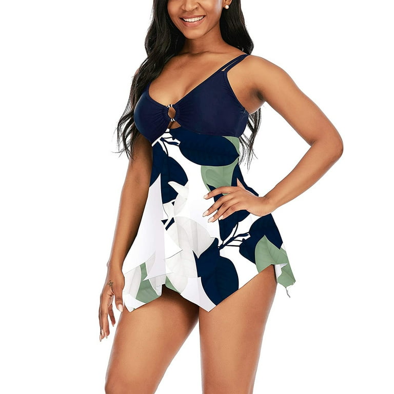 Chama Women's Tummy Control Swimwear Modest Flowy Tankini Swimsuits Two  Pieces Keyhole Swimdress Bathing Suits for Women 