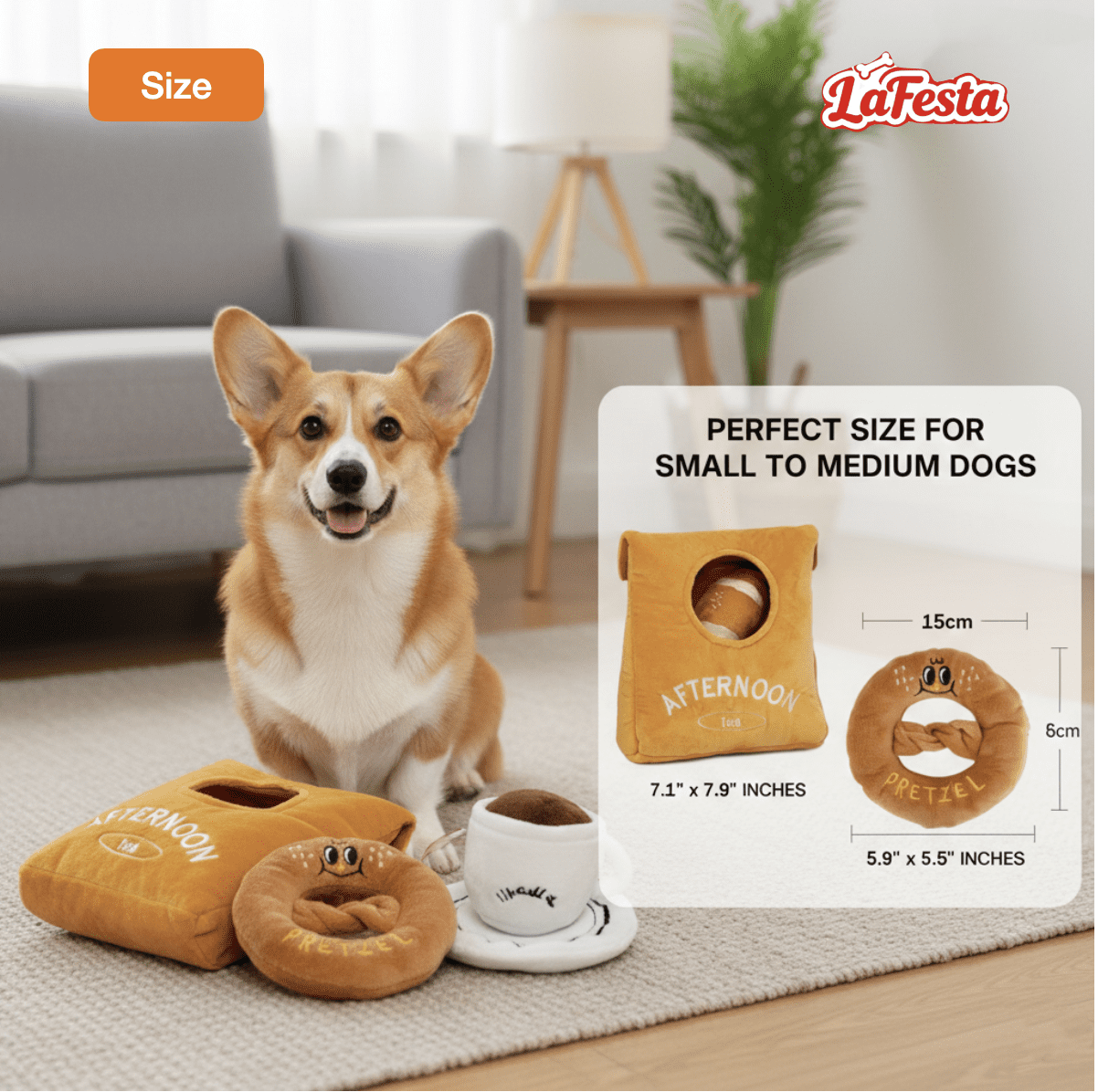 Interactive Snuffle Dog Toy Set, Plush Squeaky Pretzel & Coffee Cup with Hidden Treat Pocket, Mental Stimulation Puzzle Toy for Small to Medium Dogs, Machine Washable