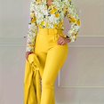 thumbnail image 1 of Conjunto De Dos Piezas Elegante, Blusa De Manga Larga Con Cuello En V Estampada Con Flores Y Pantalones Cónicos Con Cinturón Sólido, Ropa De Mujer, 1 of 4
