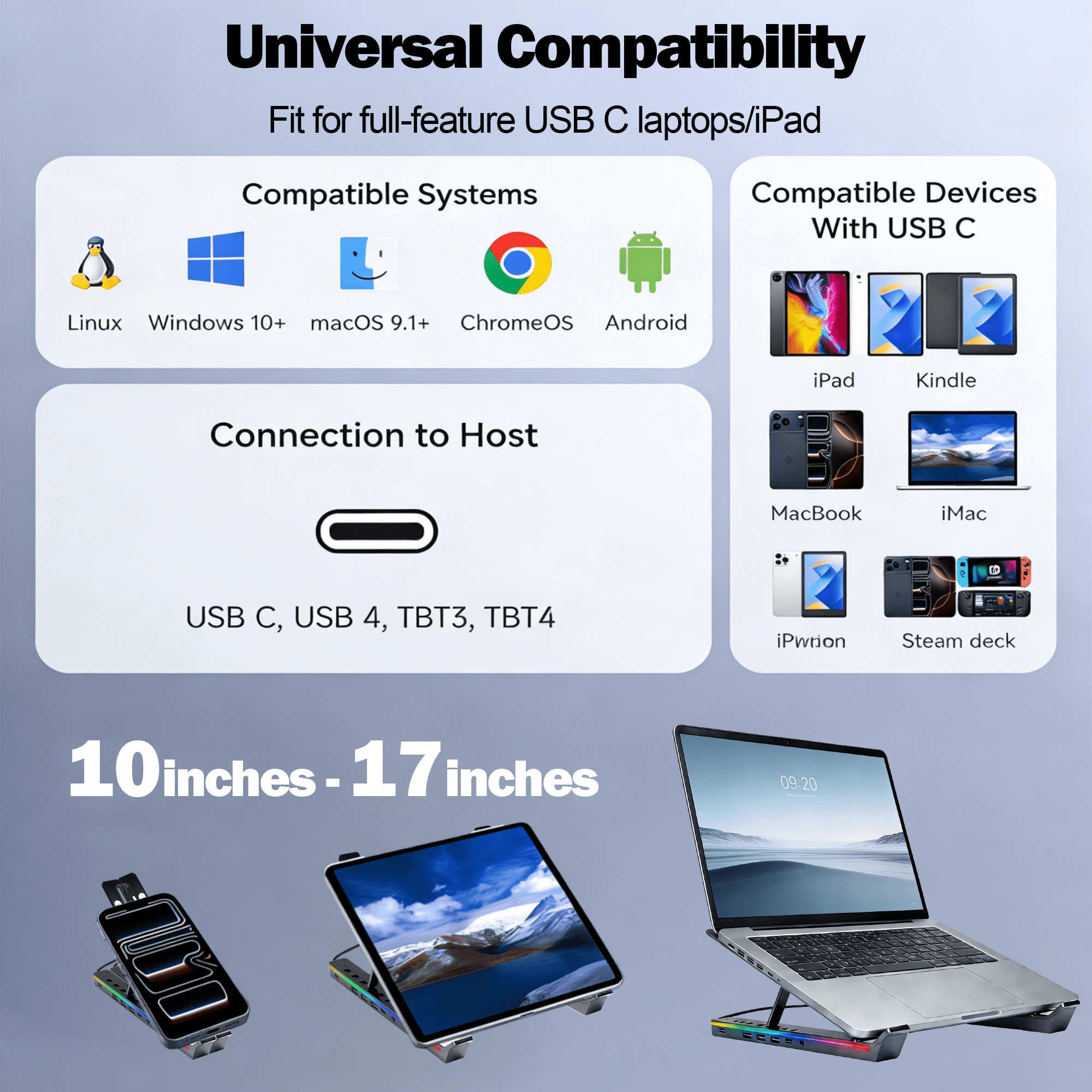 TIKBBRMG Laptop Docking Station Stand, Portable USB C Hub 5 in 1 Multiport Adapter with 3 USB Ports and Storage Bag, 12 Levels RGB Light Universal Dock Station for MacBook Pro/Air/HP/Surface/Lenovo