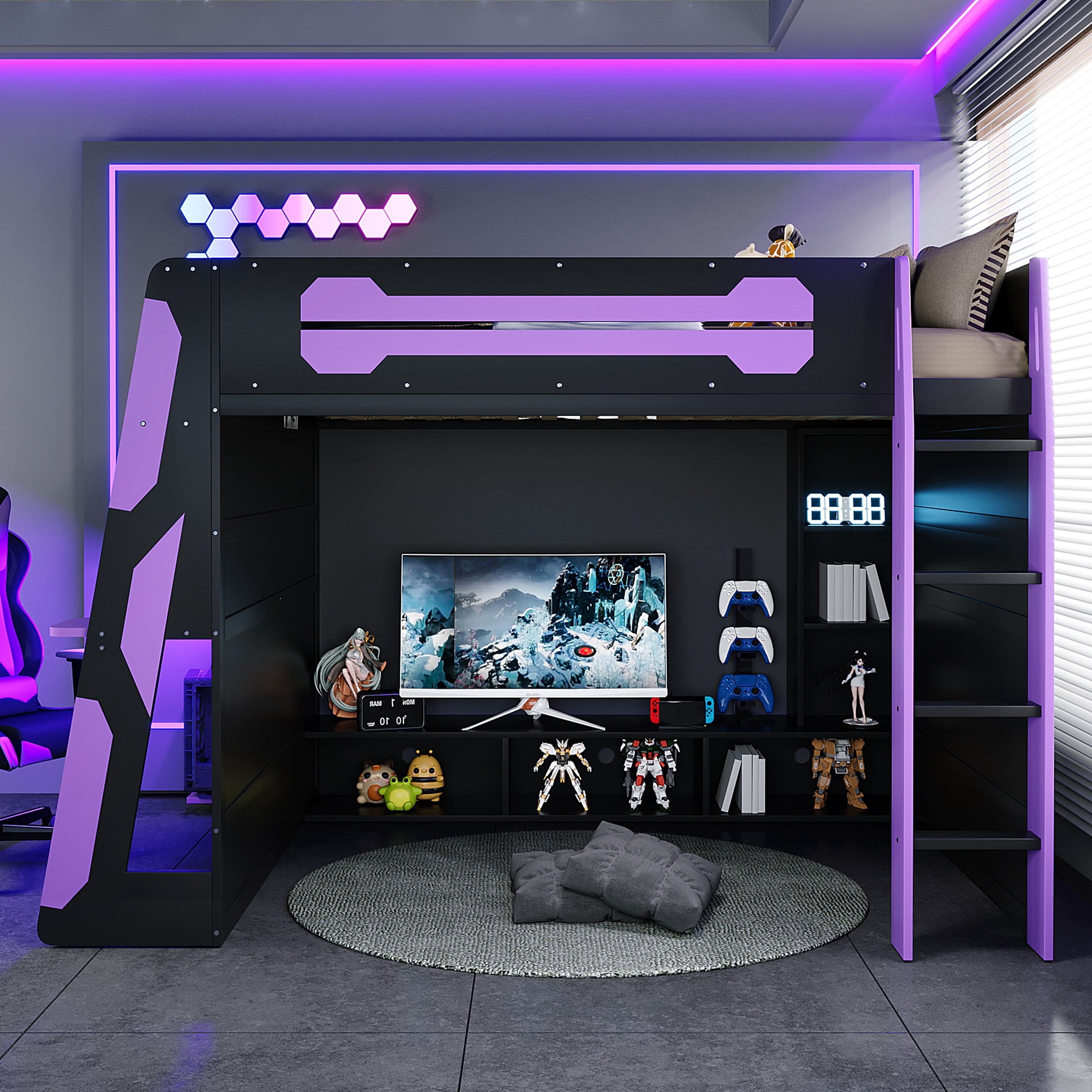 Mintazer Full Gaming Loft Bed with Desk & GB LED Light, Multifunctional Loft Bed with Multi-Tier Storage Shelves, Black & Purple