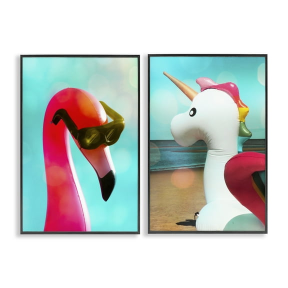 Stupell Industries Unicorn & Flamingo Basking Nautical & Beach Painting Black Framed Art Print Wall Art, 12 x 18, Set of 2
