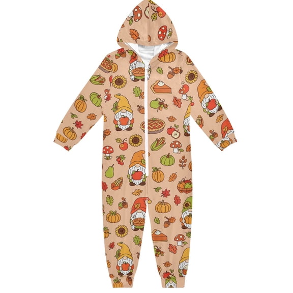 Autumn Gnome Pumpkin Boys & Girls Hooded One-Piece Pajamas Warm Crystal velvet Hooded Long Sleeve Loungewear Jumpsuit Unisex