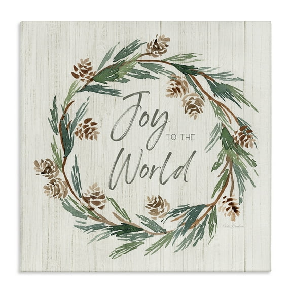 Stupell Industries Joy Pinecone Wreath Holiday Painting Gallery Wrapped Canvas Art Prints Wall Art, 17 x 17