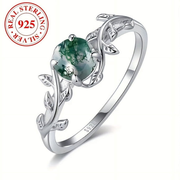 CNKOO Exquisite Boho-Chic Moss Agate Solitaire Ring - 925 Sterling Silver Vintage Leaf Design Engagement Ring with Unique Promise Symbolism  Perfect Gift for Her