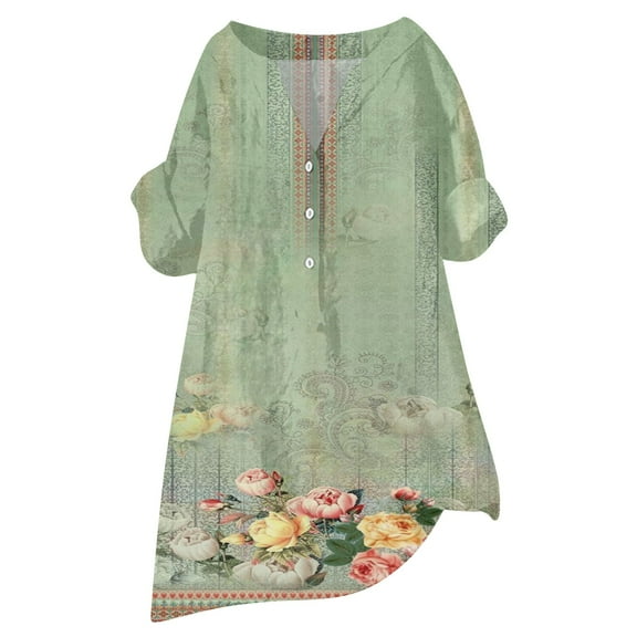 LIJCC Women'S Printed Large Size Loose Button Shirt Loose Button Shirt Top Stand Solid Color Medium Sleeve Collar Casual Women'S Shirt Women'S Shirt