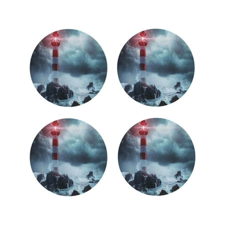 

Matuu Lighthouse in a Stormy Sea for Cup Coasters Set of 4 Leather Coasters Desk Coasters for Office Measures 4” x 4”-Round Shape