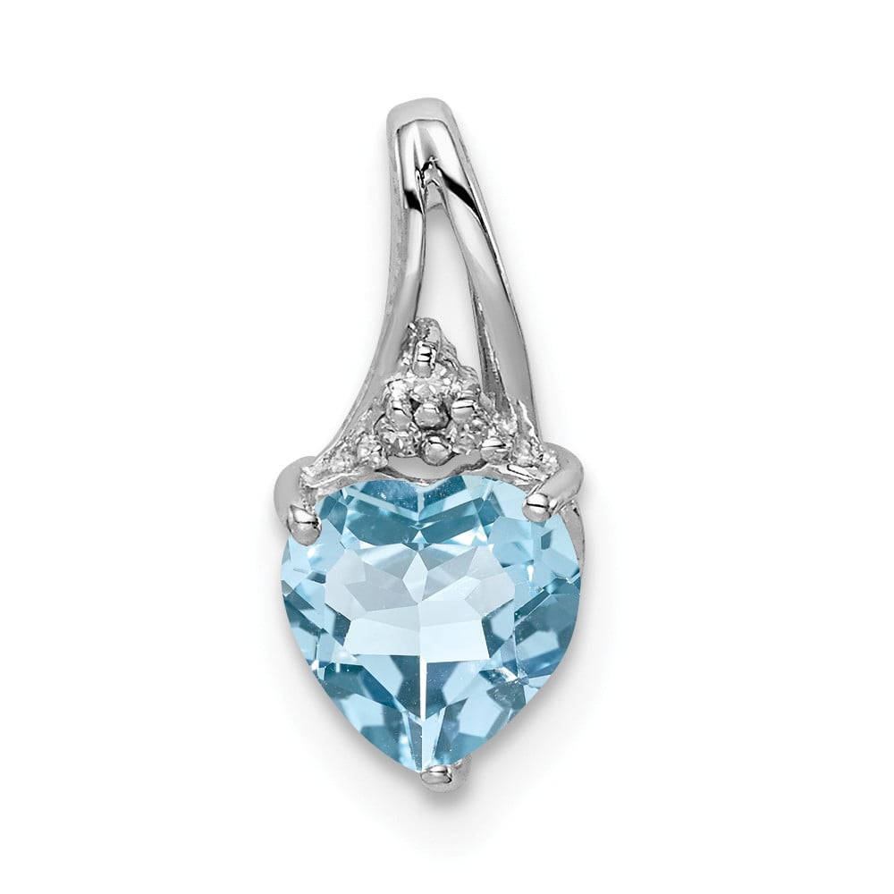 925 Sterling Silver 0.01cttw Rhodium Plated Diamond and Aquamarine Heart Love Pendant 13mm x 6mm 