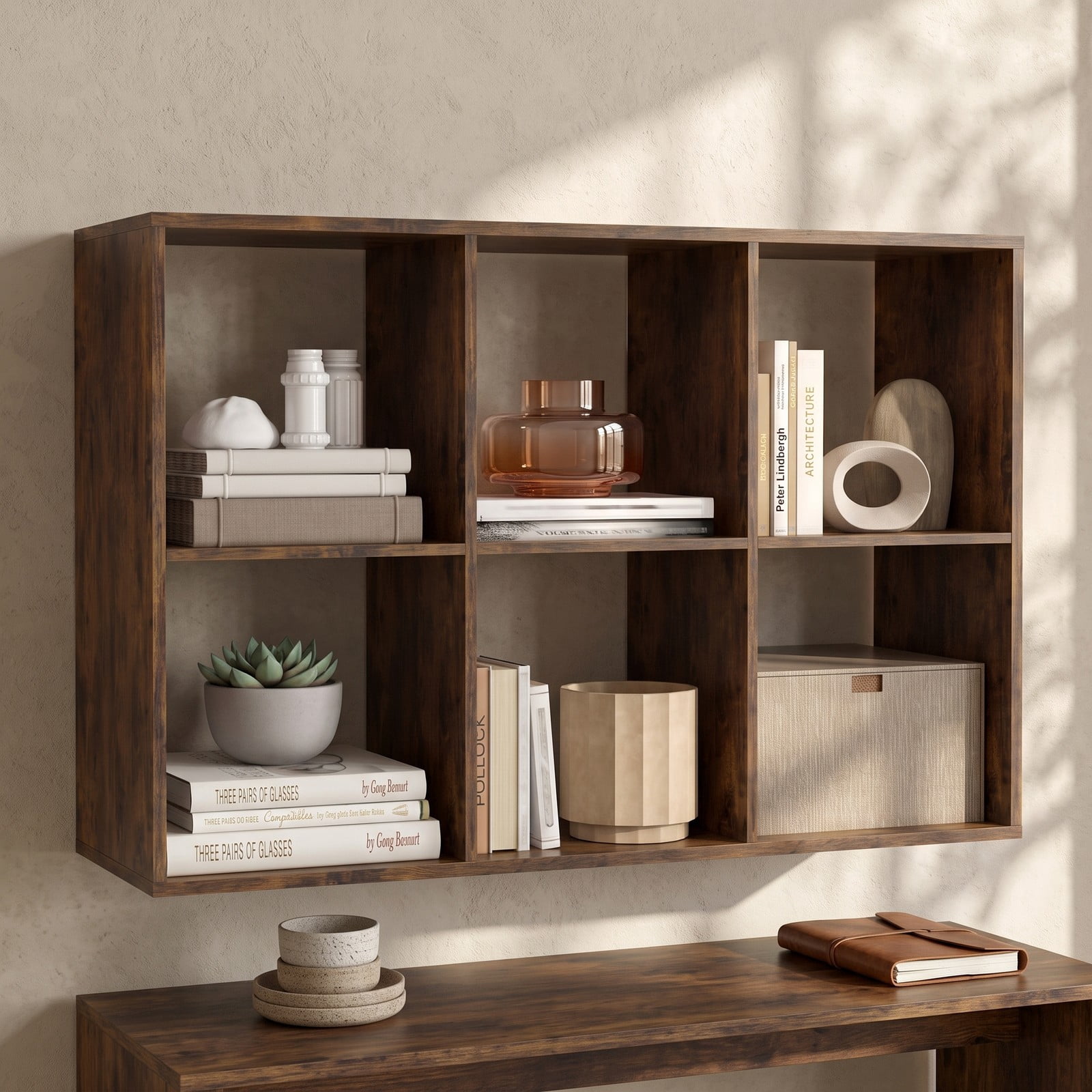 Furnibear 6 Cube Bookshelf, Rustic Brown Wood Cube Storage Organizer with Back Guardrail and Anti-Tip Kit, Freestanding Bookcase for Living Room Bedroom, Rustic Brown