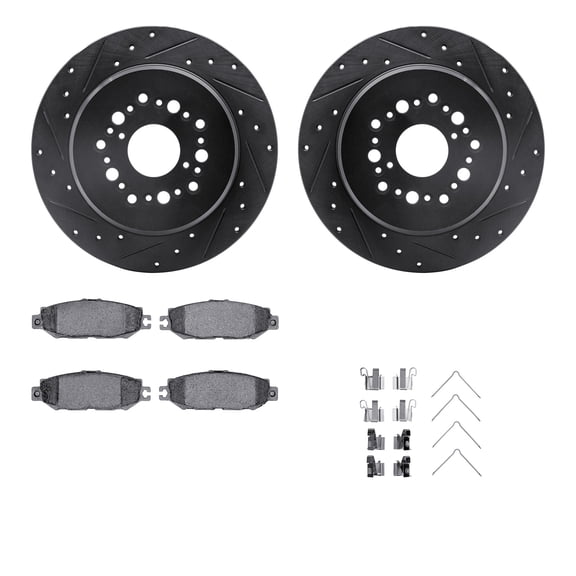 Dynamic Friction Company Rear Brake Rotors-Drilled and Slotted-Black with 5000 Advanced Brake Pads includes Hardware 8512-75009